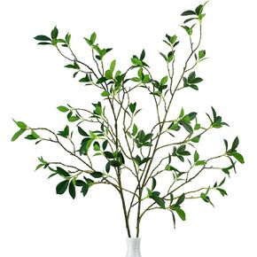 Krissing 2Pcs Artificial Greenery Stems,Tall Fake Ficus Twig Branches Plants Faux Greenery Stems Branches for Vase Fillers Home Office Wedding Spring Table Decor
