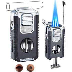 Torch Lighter with V Cutter, Ideal Gifts for Men, Refillable Butane Lighter with Multifunctional Accessories, Windproof Cool Lighter (Matte Black) for Travel, Outdoors (Butane not Included)