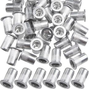 PAGOW 50 Pcs 1/4"-20 UNC Aluminum Rivet Nuts, Flat Head Threaded Rivet Insert, Hardware Nuts Kit, Threaded Inserts for Metal