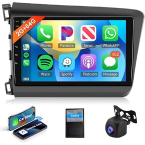 Hodozzy 4G+64G 8 Core Android Car Stereo for Honda Civic 2012 2013 2014 2015 Radio with Carplay Android Auto, 9 Inch IPS Touch Screen Car Radio with GPS, Bluetooth,WIFI,Mirror Link,FM,Backup Camera