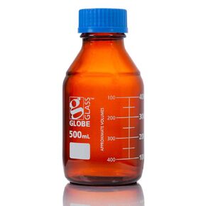Globe Glass, Amber Media Bottle, 500mL, GL45 Screw Cap, Dual Graduations, 10/Box