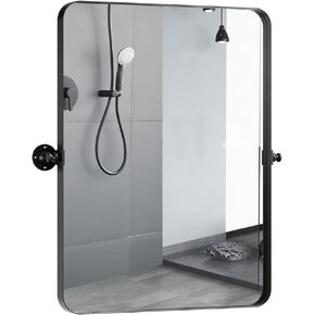 24 x 32'' Pivot Bathroom Vanity Mirror Matt Black Farmhouse Rectangle Metal Framed Tiltable Rounded Pivoting Bathroom Mirror Tempered Glass Shatter-Proof