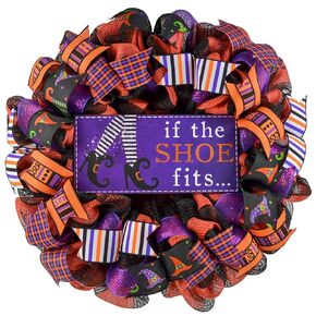 Witch Halloween Wreath, If the Shoe Fits Front Door Wreath, Mesh Halloween Wreath for Front Door - Black Orange Purple