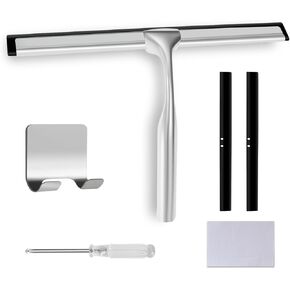 Shower Squeegee for Glass Doors,10 Inch Stainless Steel Squeegee for Shower Glass with Storage Hook, Shower Squeegee for Tile Shower Walls, Window Mirror Squeegee and Car Glass(Sliver)