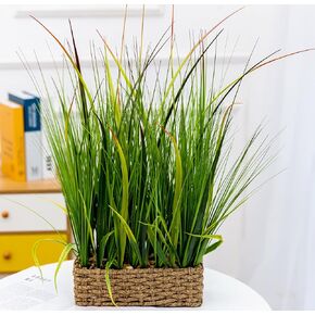 AlphaAcc 20 inch Evergreen Sea Grass Plant in Leather Woven Planter Realistic Looking Fake Plants Wheat Grass Farmhouse Faux Plant for Home Kitchen Bathroom Bedroom Decor