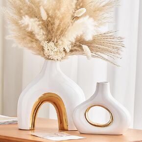 AWNR Black Vase Gold Decor: Set of 2 Ceramic Donut Vase for Home Decor Boho Rustic Vases for Flowers Unique Flower Vase for Living Room Bedroom Mantel Office Shelf Centerpiece Table Decorations
