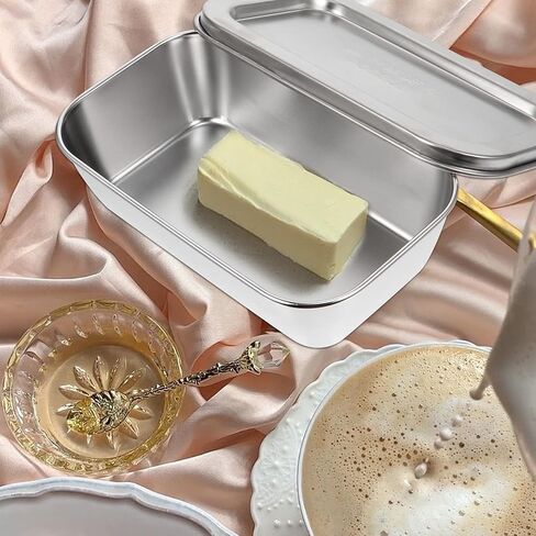 1pc Box stainless steel storage box butter dish with lid for countertop fridge crisper refrigerator butter dish butter metal dish cheese vegetable appetizer 304 stainless steel in Saudi Arabia