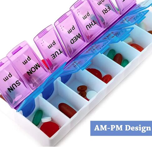 1Pcs Weekly Pill Box Organiser 7-Day Travel Dosset Box Portable Tablet Organizer Medicine Storage Box Pill Dispenser -14 Compartments for Pills/Fish Oil/Vitamins/Arthritis (Purple-Blue) in Kuwait