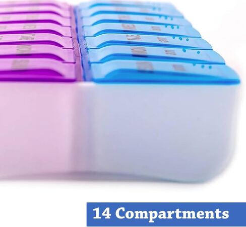 1Pcs Weekly Pill Box Organiser 7-Day Travel Dosset Box Portable Tablet Organizer Medicine Storage Box Pill Dispenser -14 Compartments for Pills/Fish Oil/Vitamins/Arthritis (Purple-Blue) in Kuwait