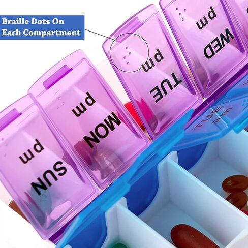 1Pcs Weekly Pill Box Organiser 7-Day Travel Dosset Box Portable Tablet Organizer Medicine Storage Box Pill Dispenser -14 Compartments for Pills/Fish Oil/Vitamins/Arthritis (Purple-Blue) in Kuwait