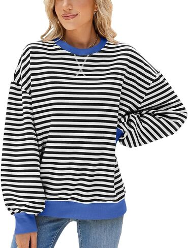 ABOCIW Womens Striped Oversized Sweatshirt Color Block Long Sleeve Crewneck Pullover Top Y2K Shirt in Kuwait