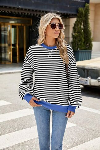 ABOCIW Womens Striped Oversized Sweatshirt Color Block Long Sleeve Crewneck Pullover Top Y2K Shirt in Kuwait
