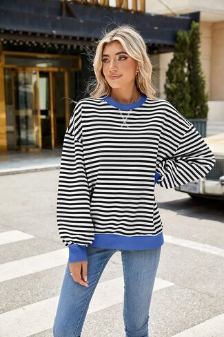 ABOCIW Womens Striped Oversized Sweatshirt Color Block Long Sleeve Crewneck Pullover Top Y2K Shirt in Kuwait