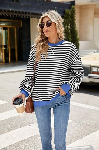 ABOCIW Womens Striped Oversized Sweatshirt Color Block Long Sleeve Crewneck Pullover Top Y2K Shirt in Kuwait