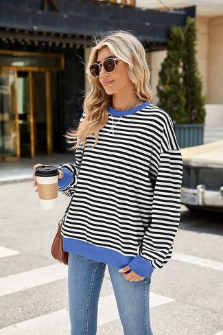 ABOCIW Womens Striped Oversized Sweatshirt Color Block Long Sleeve Crewneck Pullover Top Y2K Shirt in Kuwait