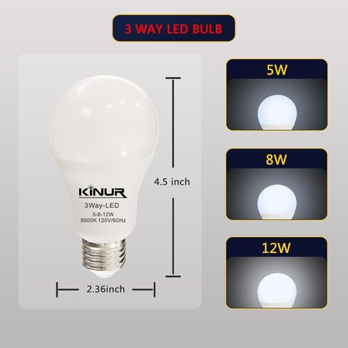 KINUR LED 3 Way Light Bulbs 30 70 100 watt Equivalent Daylight 5000K Daylight A19 Light Bulbs E26 Base Indoor 3-Way Light Bulbs 500lm-800lm-1200lm for Reading 2 Pack in Saudi Arabia