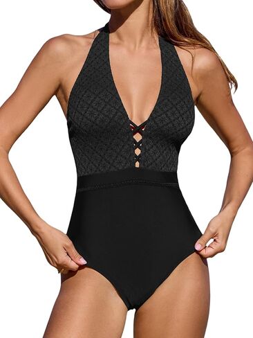 CUPSHE Women's One Piece Swimsuit Bathing Suit Halter Back Self Tie Strappy Plunging Neck Textured Swimwear in Saudi Arabia