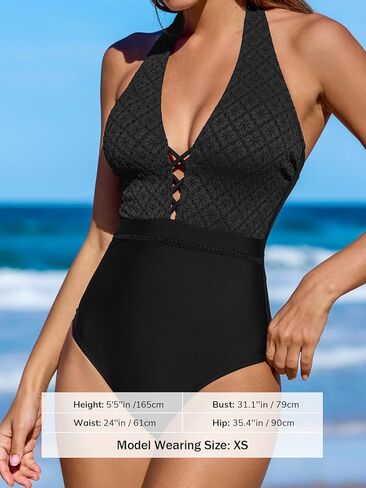CUPSHE Women's One Piece Swimsuit Bathing Suit Halter Back Self Tie Strappy Plunging Neck Textured Swimwear in Saudi Arabia