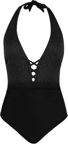 CUPSHE Women's One Piece Swimsuit Bathing Suit Halter Back Self Tie Strappy Plunging Neck Textured Swimwear in Saudi Arabia