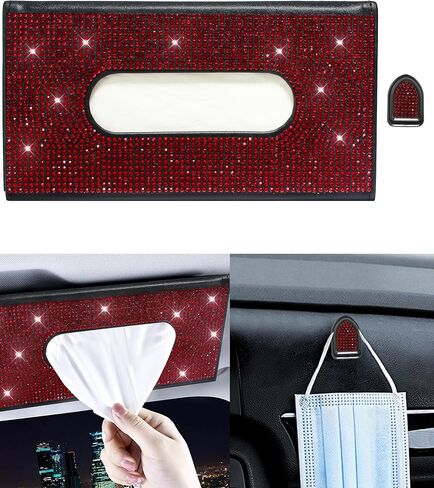 Xuduvay Bling Car Sun Visor Tissue Box Holder,PU Leather with Bling Crystal Rhinestones Tissue Holder,Car Accessories for Women (Black) in Saudi Arabia