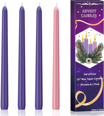 مجموعة مكونة من 4 شموع مستدقة Advent، شموع مجيء عيد الميلاد غير المعطرة مغموسة يدويًا مقاس 25.4 سم - مثالية للعطلات والاحتفالات الموسمية وخدمات الكنيسة والحفلات. in Saudi Arabia