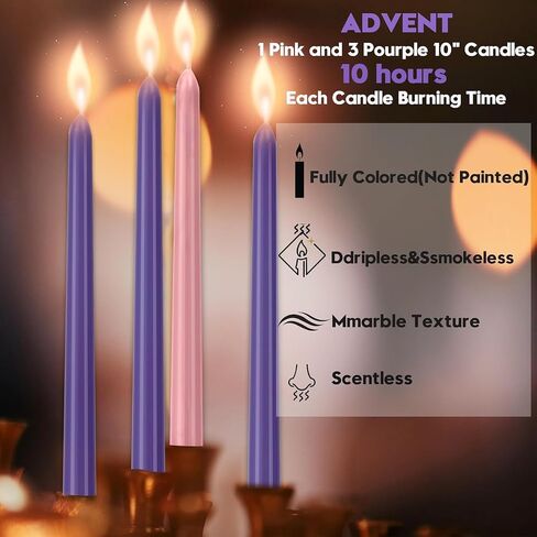 مجموعة مكونة من 4 شموع مستدقة Advent، شموع مجيء عيد الميلاد غير المعطرة مغموسة يدويًا مقاس 25.4 سم - مثالية للعطلات والاحتفالات الموسمية وخدمات الكنيسة والحفلات. in Saudi Arabia