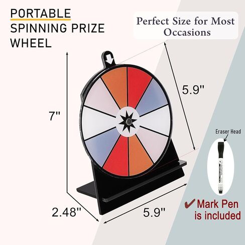 Spinning Prize Wheel, 6 inch Wheel-Spinning Wheel for Prizes with Stand, 10,12 Slots Color Small Tabletop Roulette Spinner with Mark Pen, Easy Assembly and Erasable, Portable, Arylic, New Version in Saudi Arabia