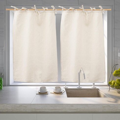 100% Linen Door Curtains 40 Inch Length Short Hanging Tie Top Half Curtain for Kitchen Farmhouse Cafe Small Window, 1 Panel, Black in Saudi Arabia