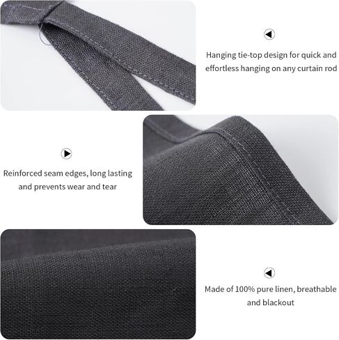 100% Linen Door Curtains 40 Inch Length Short Hanging Tie Top Half Curtain for Kitchen Farmhouse Cafe Small Window, 1 Panel, Black in Saudi Arabia