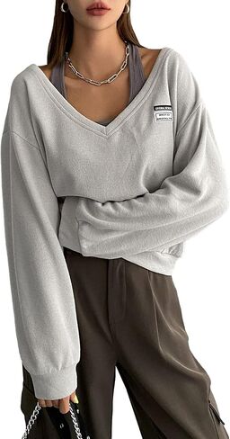 WDIRARA Women's Letter Patched V Neck Halter Sweatshirt Casual Long Sleeve Pullovers in Saudi Arabia