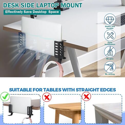 No Drill Desk Side Laptop Mount,Hanging Laptop Holder for Office and Home，Clamp on Desk Side Storage Organizer for Laptops/MacBook/Book/Keyboards/Headphone/Gamepad/Backpack White in Saudi Arabia