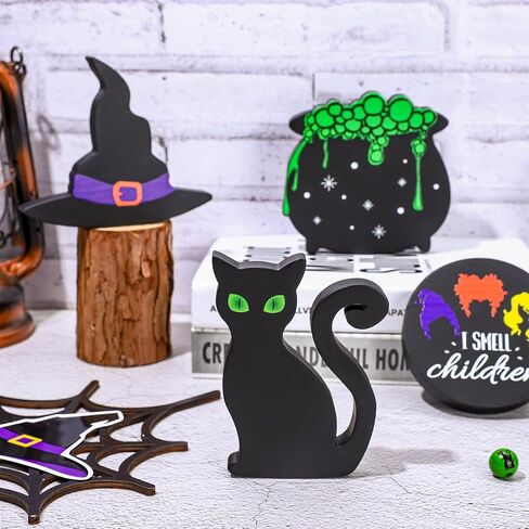 Whaline 4 قطع من علامة طاولة خشبية سوداء للهالوين Hocus Pocus قبعة ساحرة للقطط السوداء مرجل متدرج ديكور صينية ديكور للهالوين قطعة مركزية للطاولة علامة كتل خشبية لديكور رف المنزل الهالوين in Saudi Arabia