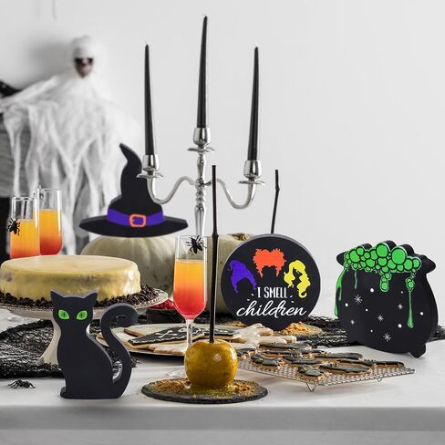 Whaline 4 قطع من علامة طاولة خشبية سوداء للهالوين Hocus Pocus قبعة ساحرة للقطط السوداء مرجل متدرج ديكور صينية ديكور للهالوين قطعة مركزية للطاولة علامة كتل خشبية لديكور رف المنزل الهالوين in Saudi Arabia