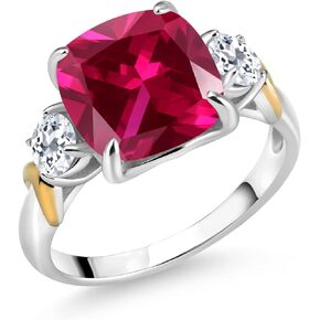 Gem Stone King 925 Silver and 10K Yellow Gold Red Created Ruby and White Topaz 3 Stone Ring For Women (5.66 Cttw, Gemstone July Birthstone, Cushion 10MM, Round 4MM, Available In Size 5, 6, 7, 8, 9)