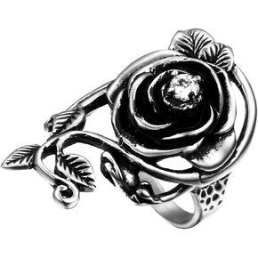 Flongo Womens Ladies Stainless Steel Vintage Gothic Flower Rose Vine Ring Band for Halloween Christmas