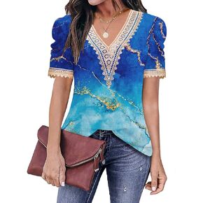 ETCYY Puff Sleeve Summer Tops for Women 2023 Trendy Cute Print Lace V Neck Short Sleeve T Shirts Blouses