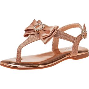 صنادل Badgley Mischka للفتيات الصغيرات مع فيونكة - أحذية رسمية للأطفال سهلة الارتداء ومفتوحة عند الأصابع صندل مسطح بحجر الراين بأشرطة لامعة (طفل كبير/طفل صغير) (أسود/فضي/ذهبي وردي)