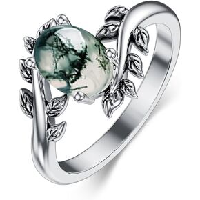 Moss Agate Rings for Women Dainty 925 Sterling Silver Leaf Engagement Green Oval Ring Jewelry Birthday Gift Size 9