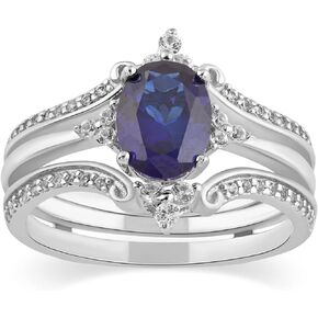 Created Blue Sapphire and Created White Sapphire Gemstone Bridal Ring-Set For Women - 925 Sterling Silver - Ring Enhancer Band Bridal Set - Gemstone Birthstone Rings for Women