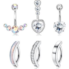 FIASASO 6 قطع 14 جرام خاتم زر البطن للنساء 316L فولاذ جراحي تشيكوسلوفاكيا أوبال حلقات البطن بسيطة عكس حلقات السرة مجوهرات الجسم الفرس البطن زر الدائري in Kuwait