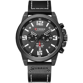 Mens Leather Strap Watches Chronograph Classic Black Casual Dress Stainless Steel Case Waterproof Date Analog Quartz Multifunction Military Watch