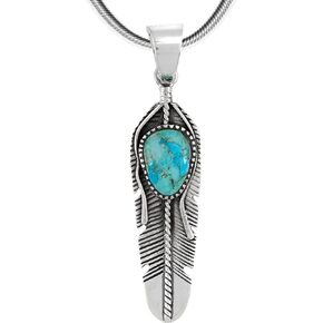 Feather Turquoise Pendant Necklace 20" Sterling Silver 925 Genuine Gemstones (Choose Color)