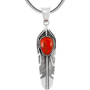 Feather Turquoise Pendant Necklace 20" Sterling Silver 925 Genuine Gemstones (Choose Color)