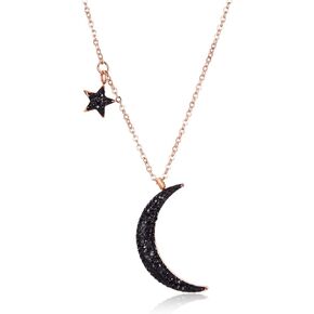 TEMICO Rose Gold Plated Stainless Steel Black Crystal Cubic Zirconia Star Moon Crescent Pendant Necklace for Women