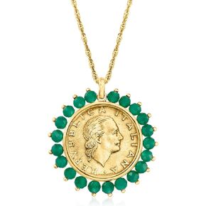 Ross-Simons Genuine 200-Lira Coin and Green Agate Medallion Pendant Necklace in 18kt Gold Over Sterling