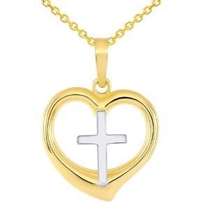 14k Two-Tone Gold Religious Cross Charm in 3D Heart Charm Pendant with Rolo Cable Chain Necklace