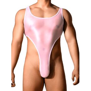Kaei&Shi Mens Sexy Lingerie, Glossy Sheer Bodysuit, High Cut Thong Underwear