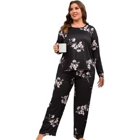 WDIRARA Women's Plus Size 2 Piece Pajama Set Floral Print Long Sleeve Top and Pants Sleepwear
