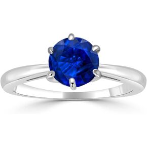 Diamond Wish 14K White Gold Round Blue Sapphire Gemstone Engagement Ring (1/4-1cttw) 6-Prong Set Size 4-9
