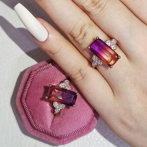 Luxury 18K Rose Gold Plated Square Cut Amethyst Ring Purple Gradient Crystal Ring White CZ Eternity Promise Engagement Wedding Band Rings for Women Jewelry Gift
